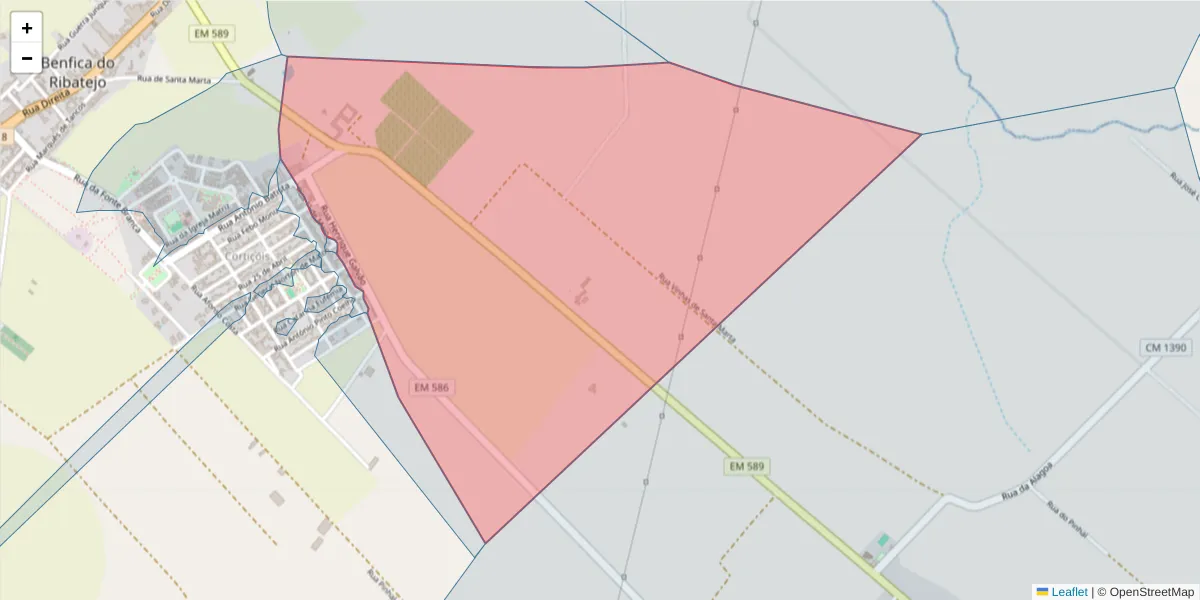 Mapa detalhado do código postal 2080-393 com limites, códigos postais vizinhos e agências dos correios