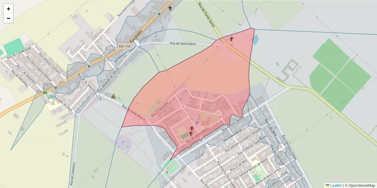 Mapa detalhado do código postal 2080-398 com limites, códigos postais vizinhos e agências dos correios