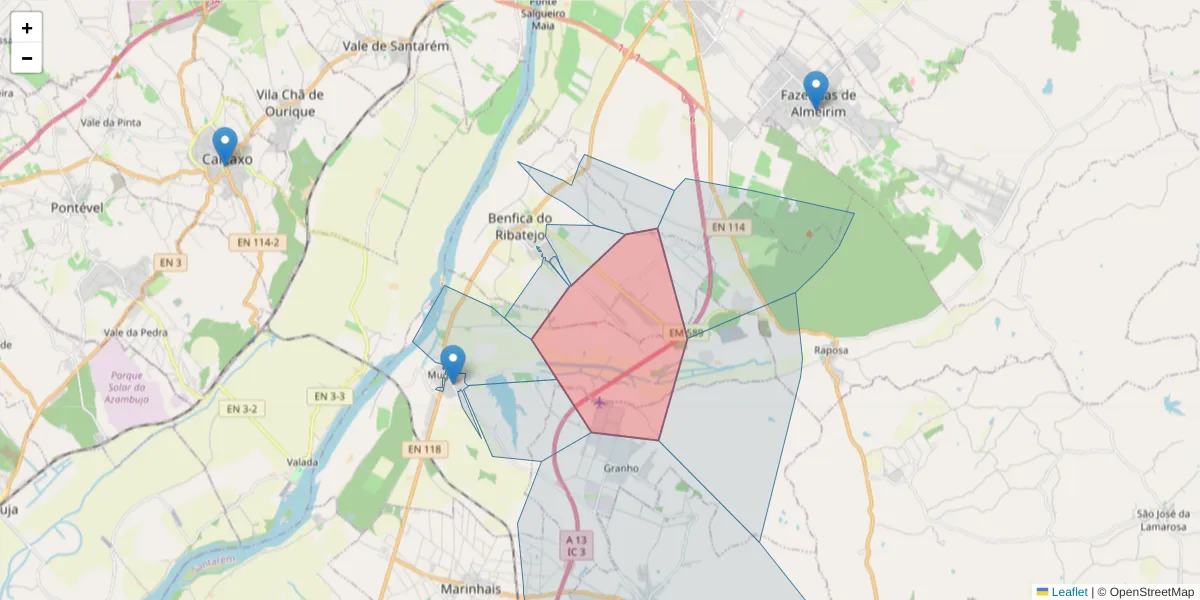 Mapa detalhado do código postal 2080-400 com limites, códigos postais vizinhos e agências dos correios