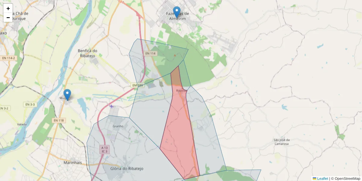 Mapa detalhado do código postal 2080-701 com limites, códigos postais vizinhos e agências dos correios