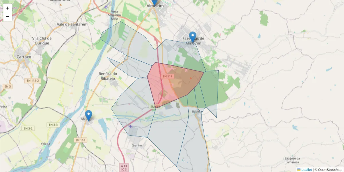 Mapa detalhado do código postal 2080-708 com limites, códigos postais vizinhos e agências dos correios