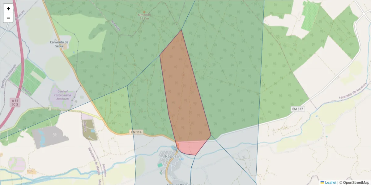 Mapa detalhado do código postal 2080-709 com limites, códigos postais vizinhos e agências dos correios