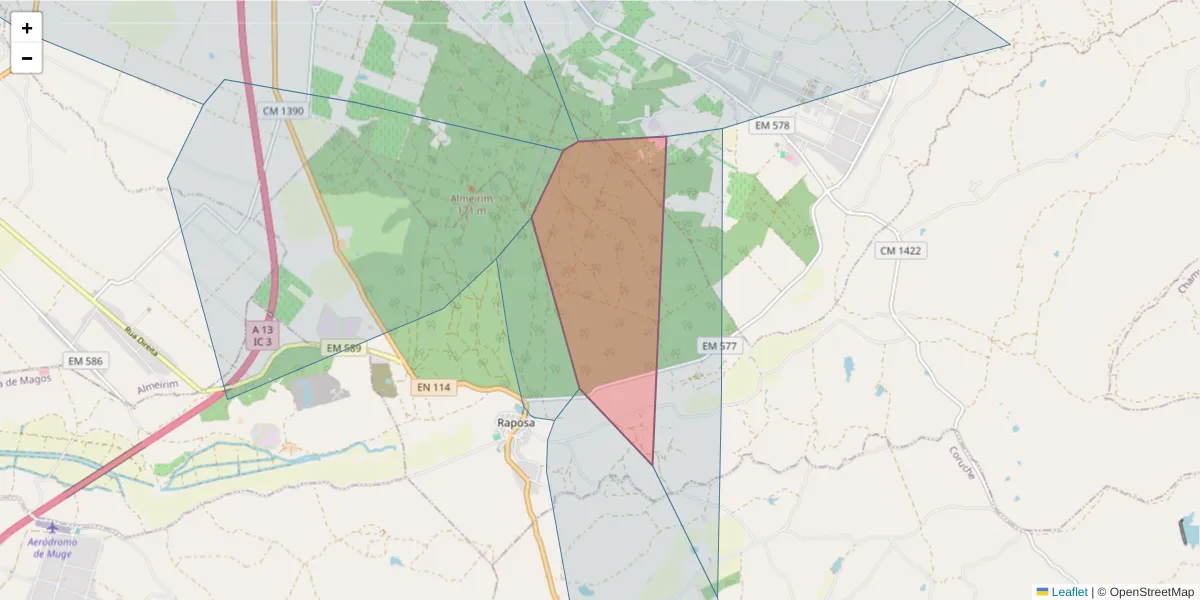 Mapa detalhado do código postal 2080-714 com limites, códigos postais vizinhos e agências dos correios