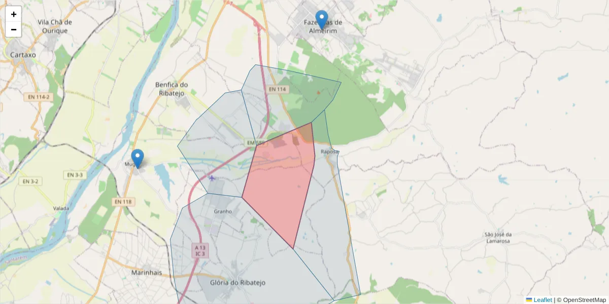 Mapa detalhado do código postal 2080-716 com limites, códigos postais vizinhos e agências dos correios