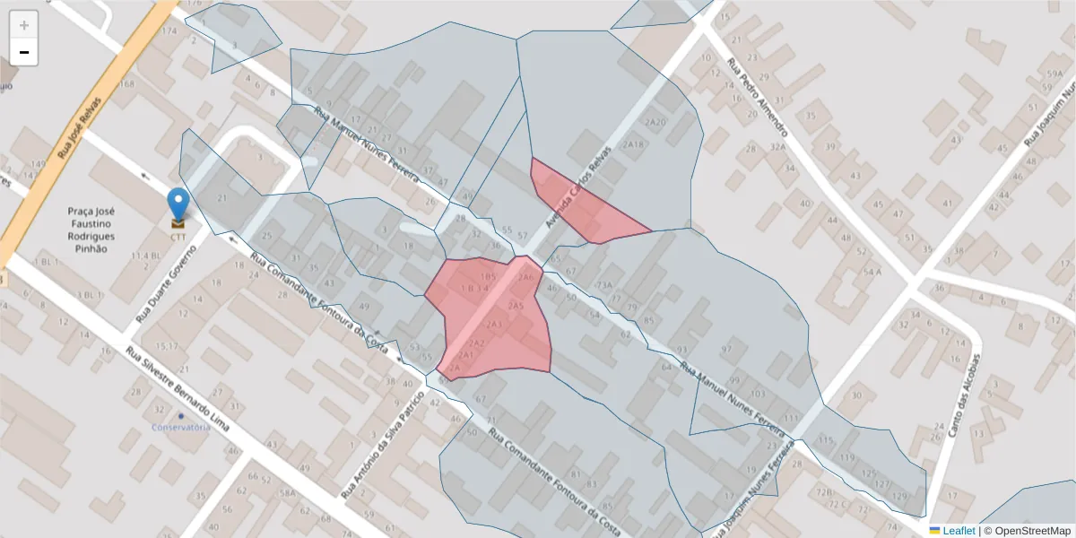 Mapa detalhado do código postal 2090-020 com limites, códigos postais vizinhos e agências dos correios