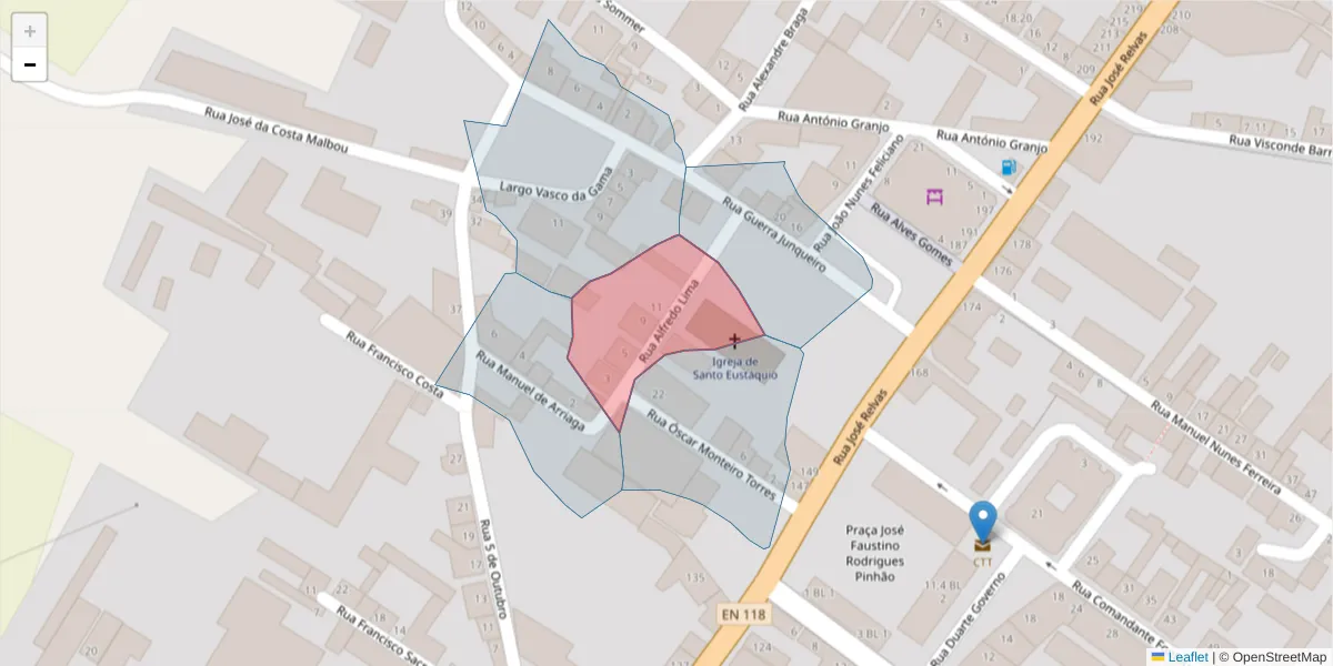 Mapa detalhado do código postal 2090-045 com limites, códigos postais vizinhos e agências dos correios