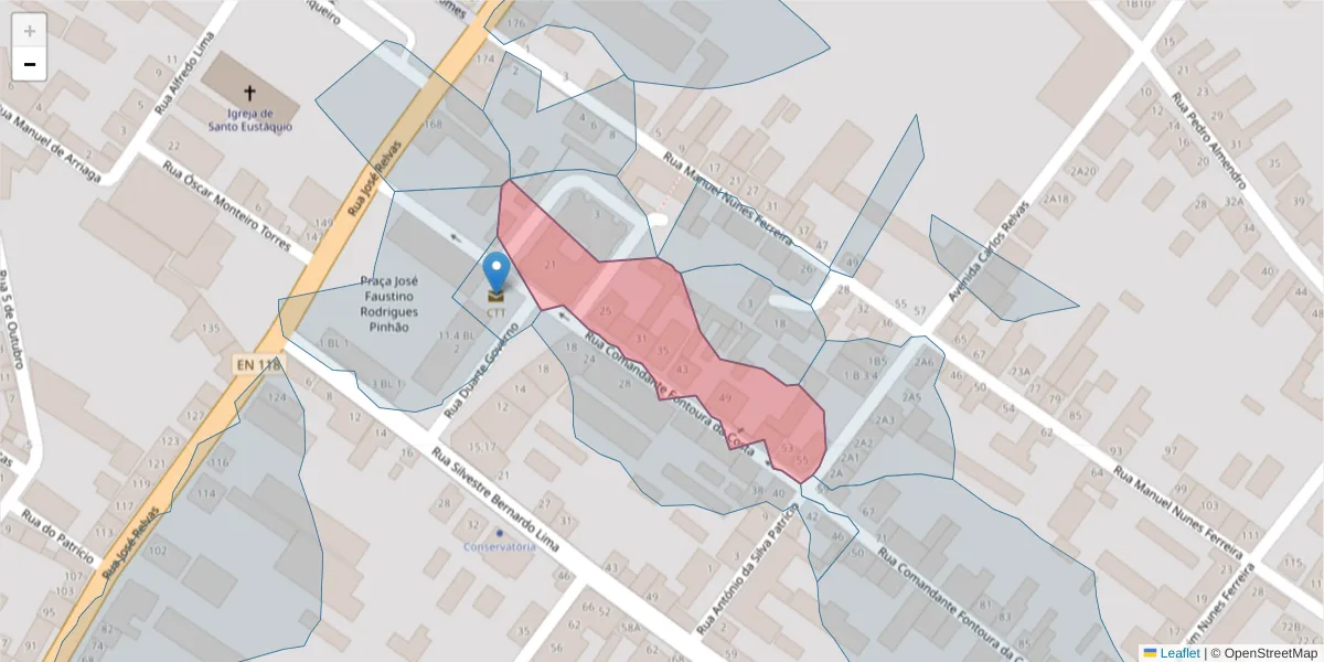 Mapa detalhado do código postal 2090-054 com limites, códigos postais vizinhos e agências dos correios