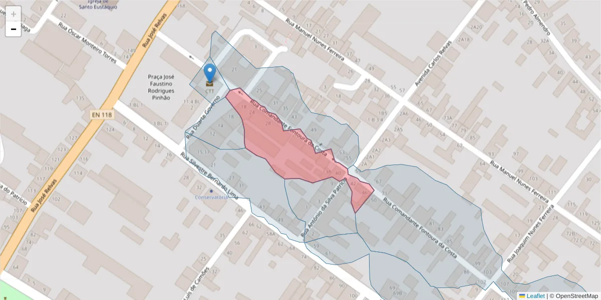Mapa detalhado do código postal 2090-055 com limites, códigos postais vizinhos e agências dos correios