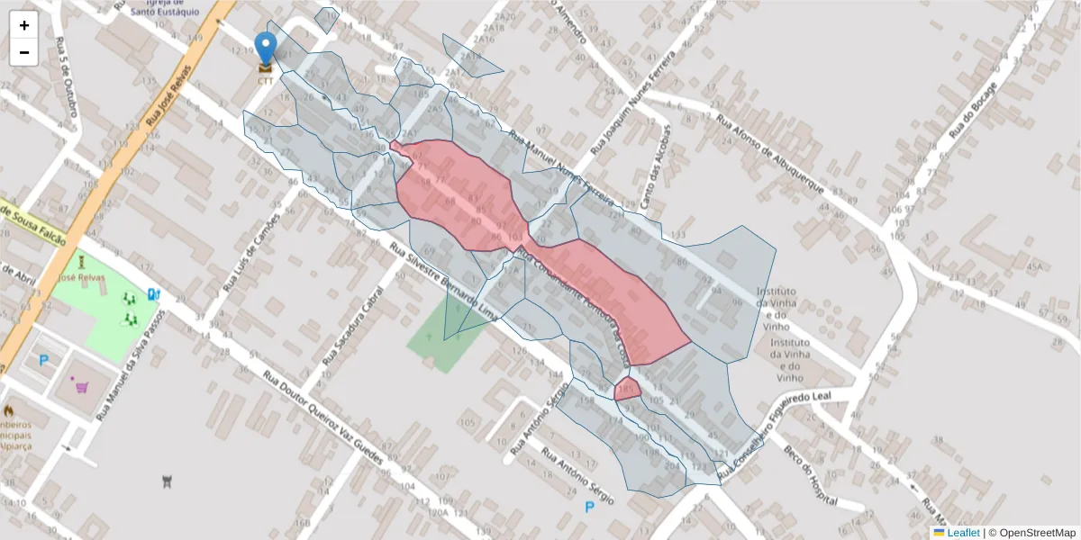 Mapa detalhado do código postal 2090-056 com limites, códigos postais vizinhos e agências dos correios