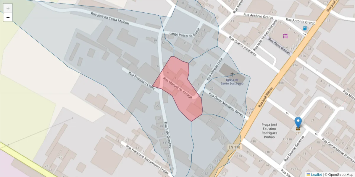 Mapa detalhado do código postal 2090-075 com limites, códigos postais vizinhos e agências dos correios