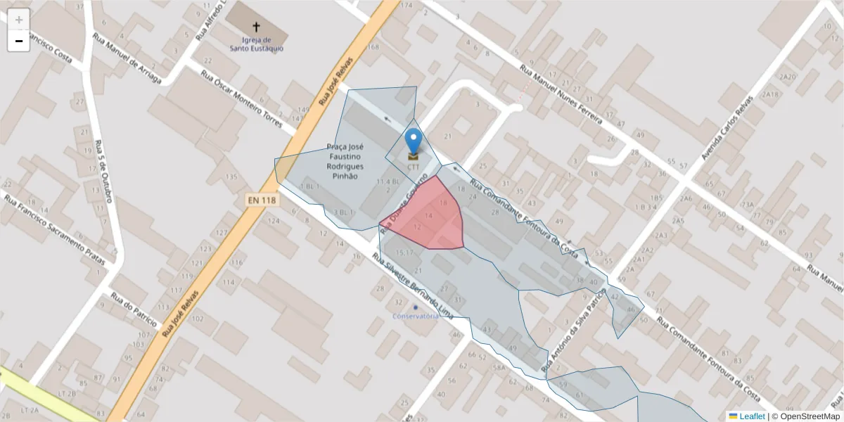 Mapa detalhado do código postal 2090-081 com limites, códigos postais vizinhos e agências dos correios