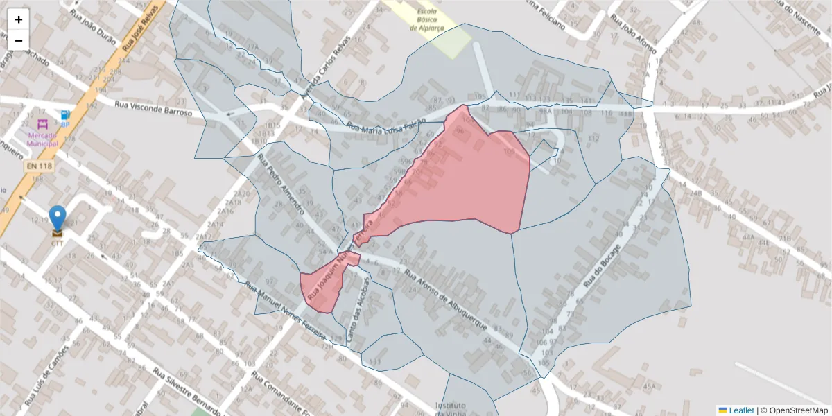 Mapa detalhado do código postal 2090-100 com limites, códigos postais vizinhos e agências dos correios
