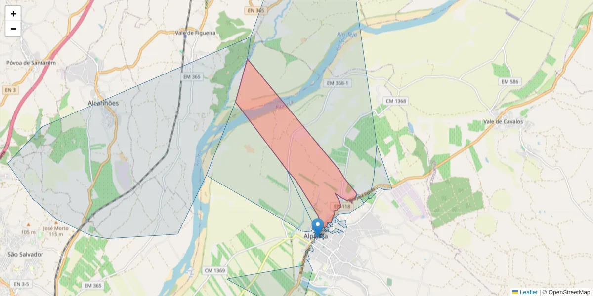 Mapa detalhado do código postal 2090-105 com limites, códigos postais vizinhos e agências dos correios