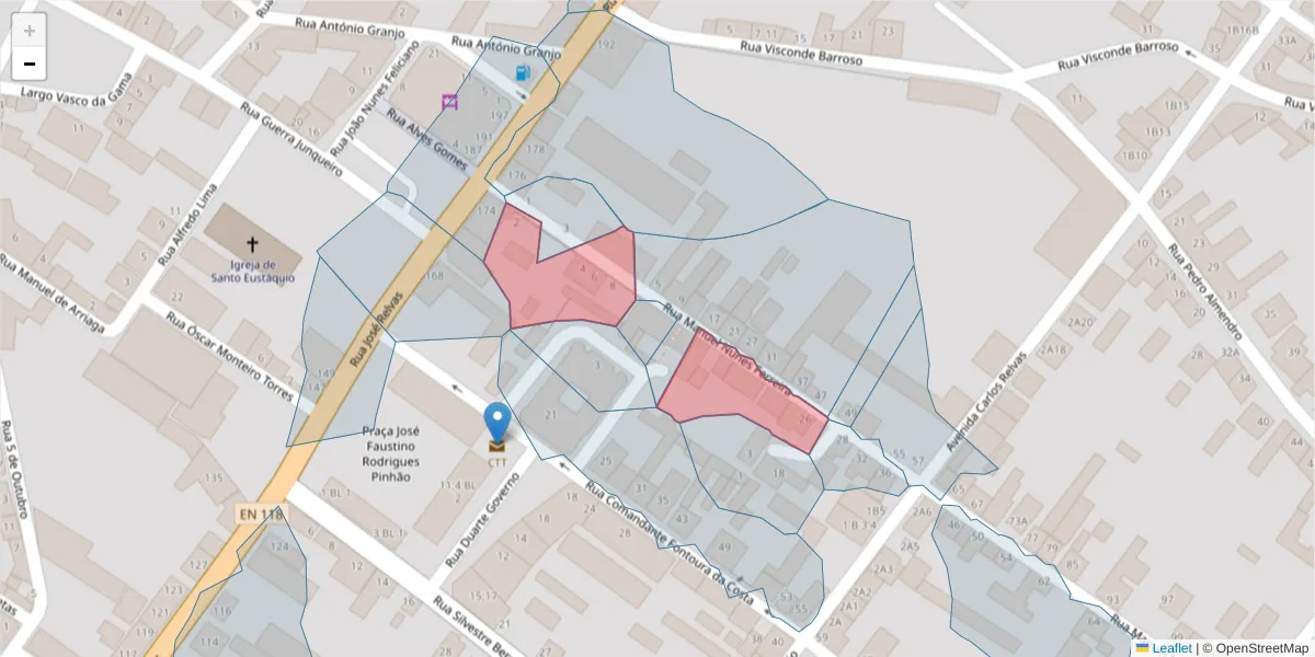 Mapa detalhado do código postal 2090-117 com limites, códigos postais vizinhos e agências dos correios