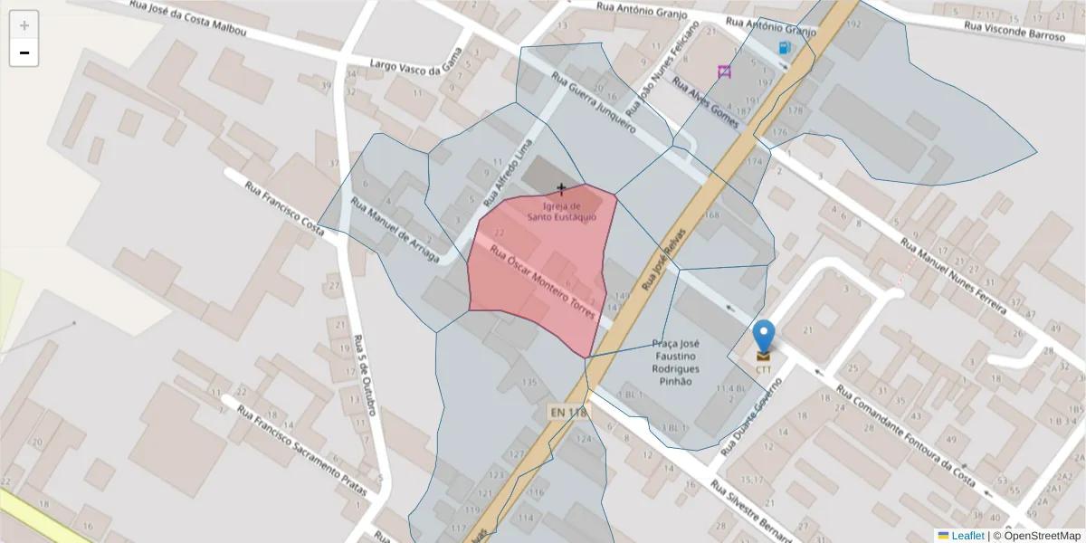 Mapa detalhado do código postal 2090-130 com limites, códigos postais vizinhos e agências dos correios