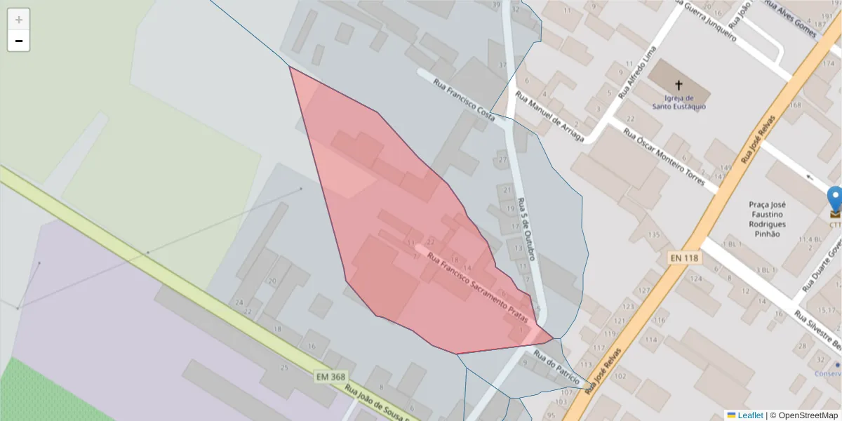 Mapa detalhado do código postal 2090-142 com limites, códigos postais vizinhos e agências dos correios