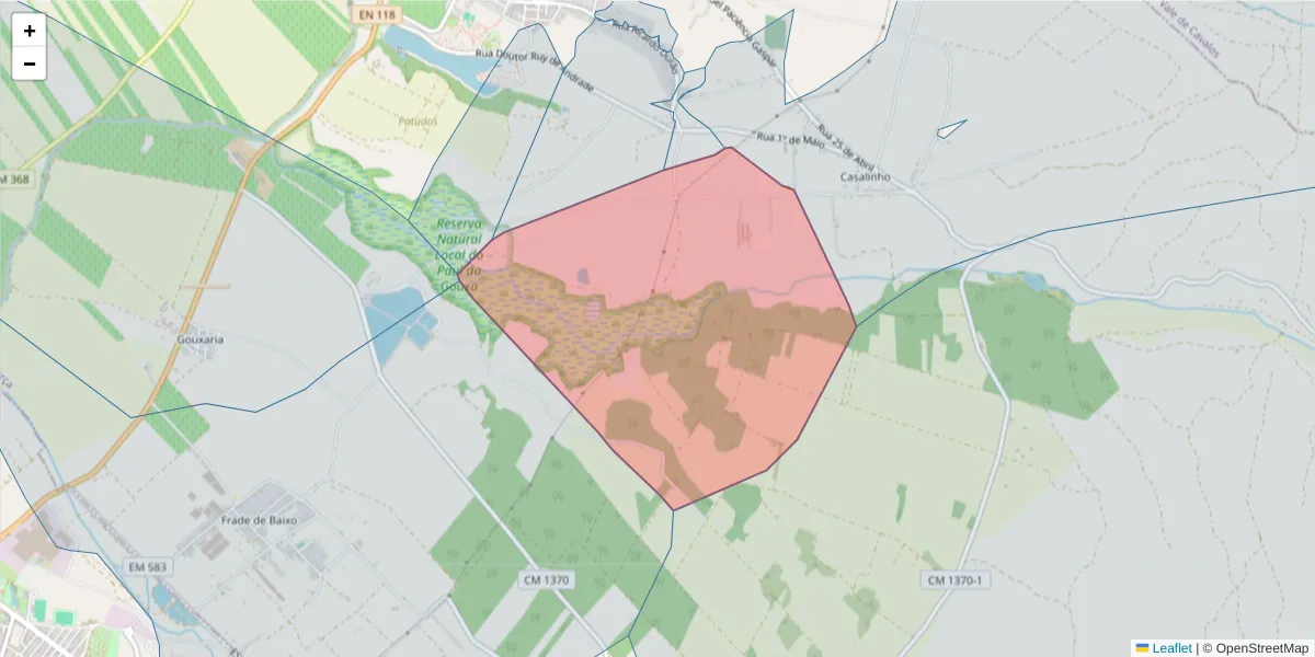 Mapa detalhado do código postal 2090-201 com limites, códigos postais vizinhos e agências dos correios