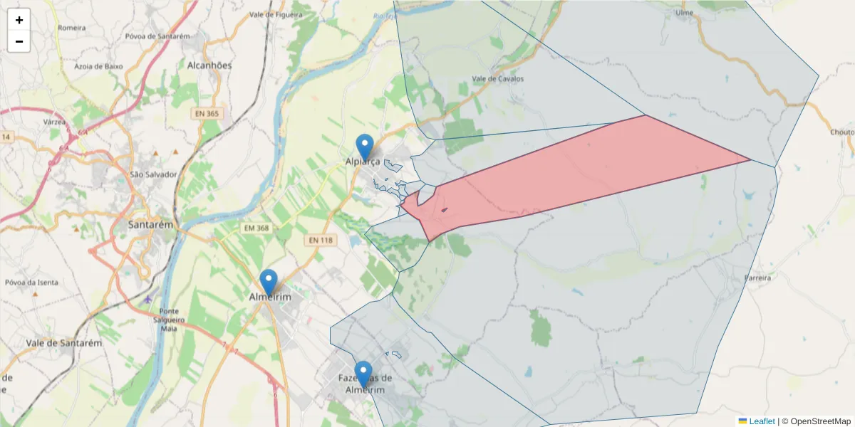 Mapa detalhado do código postal 2090-209 com limites, códigos postais vizinhos e agências dos correios