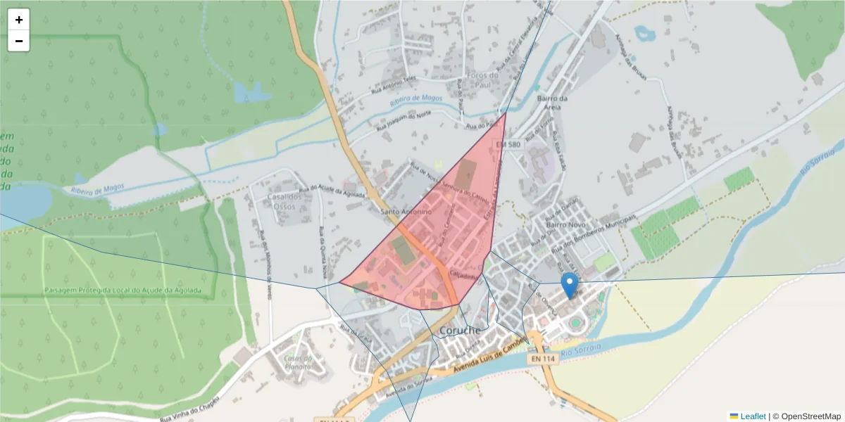 Mapa detalhado do código postal 2100-042 com limites, códigos postais vizinhos e agências dos correios