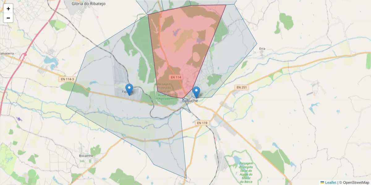 Mapa detalhado do código postal 2100-048 com limites, códigos postais vizinhos e agências dos correios
