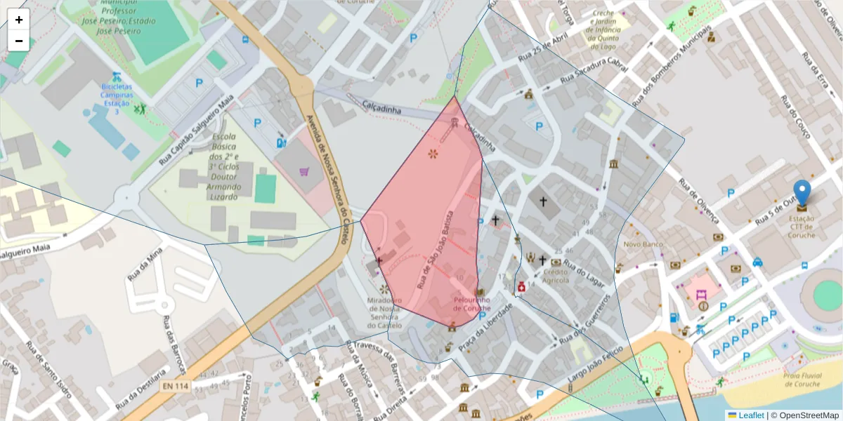 Mapa detalhado do código postal 2100-114 com limites, códigos postais vizinhos e agências dos correios