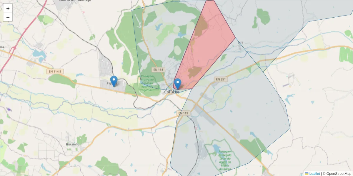 Mapa detalhado do código postal 2100-179 com limites, códigos postais vizinhos e agências dos correios