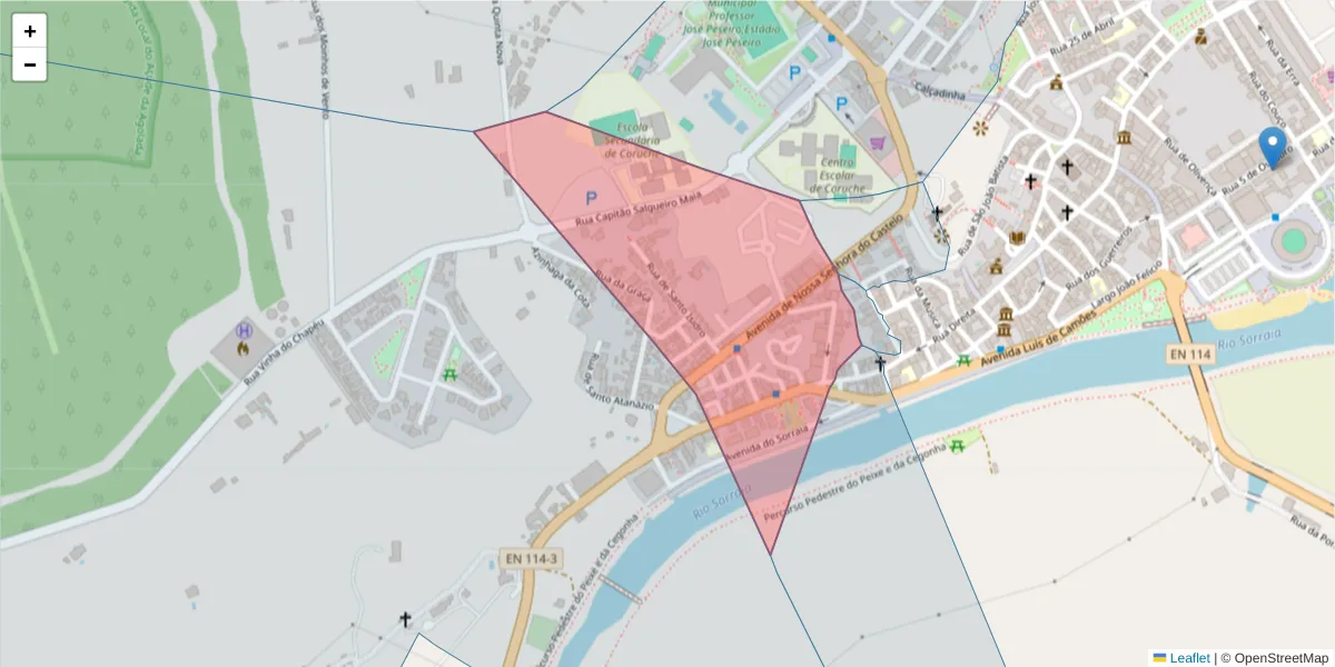 Mapa detalhado do código postal 2100-201 com limites, códigos postais vizinhos e agências dos correios