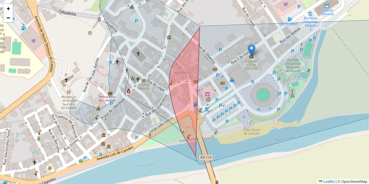 Mapa detalhado do código postal 2100-226 com limites, códigos postais vizinhos e agências dos correios