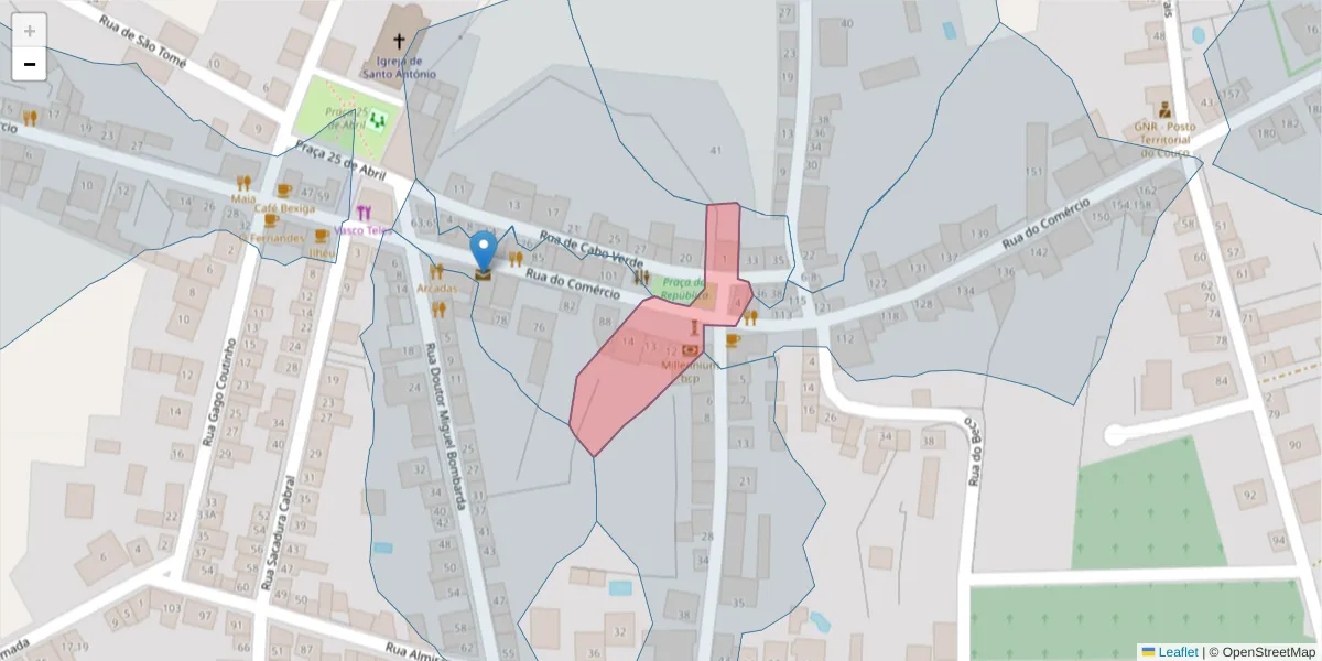 Mapa detalhado do código postal 2100-310 com limites, códigos postais vizinhos e agências dos correios