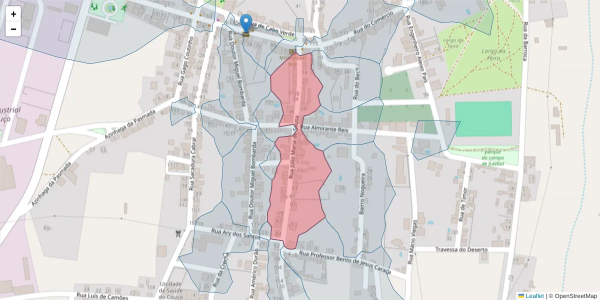 Mapa detalhado do código postal 2100-338 com limites, códigos postais vizinhos e agências dos correios
