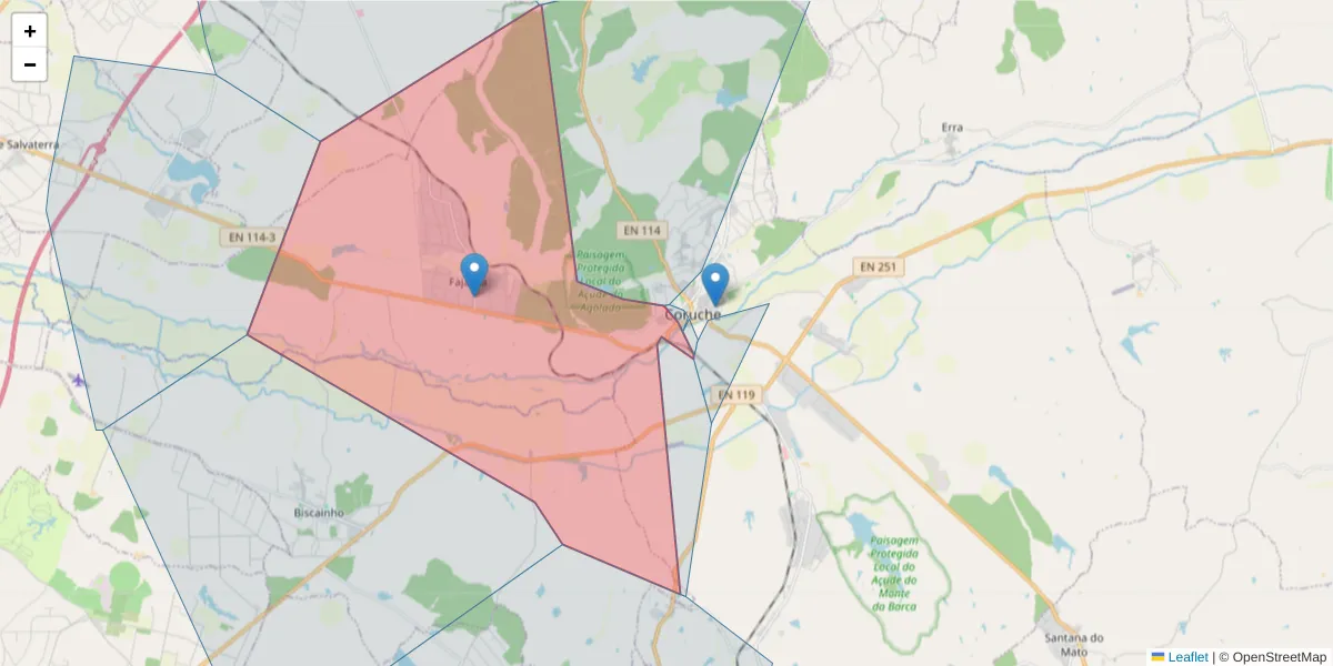 Mapa detalhado do código postal 2100-502 com limites, códigos postais vizinhos e agências dos correios