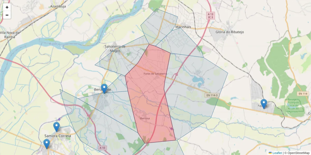 Mapa detalhado do código postal 2120-188 com limites, códigos postais vizinhos e agências dos correios