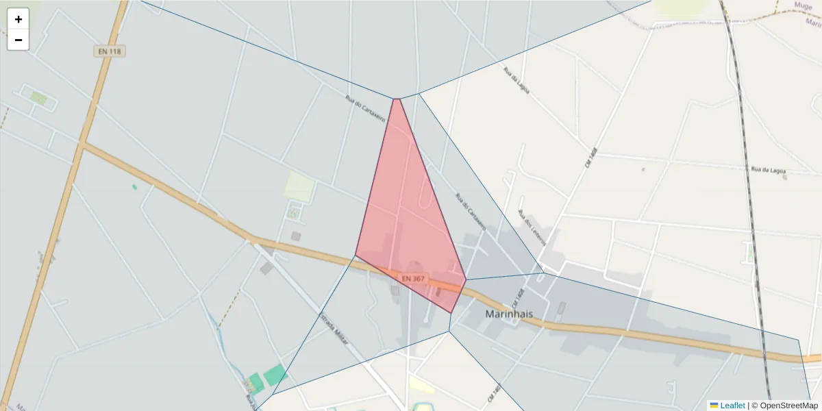 Mapa detalhado do código postal 2125-121 com limites, códigos postais vizinhos e agências dos correios