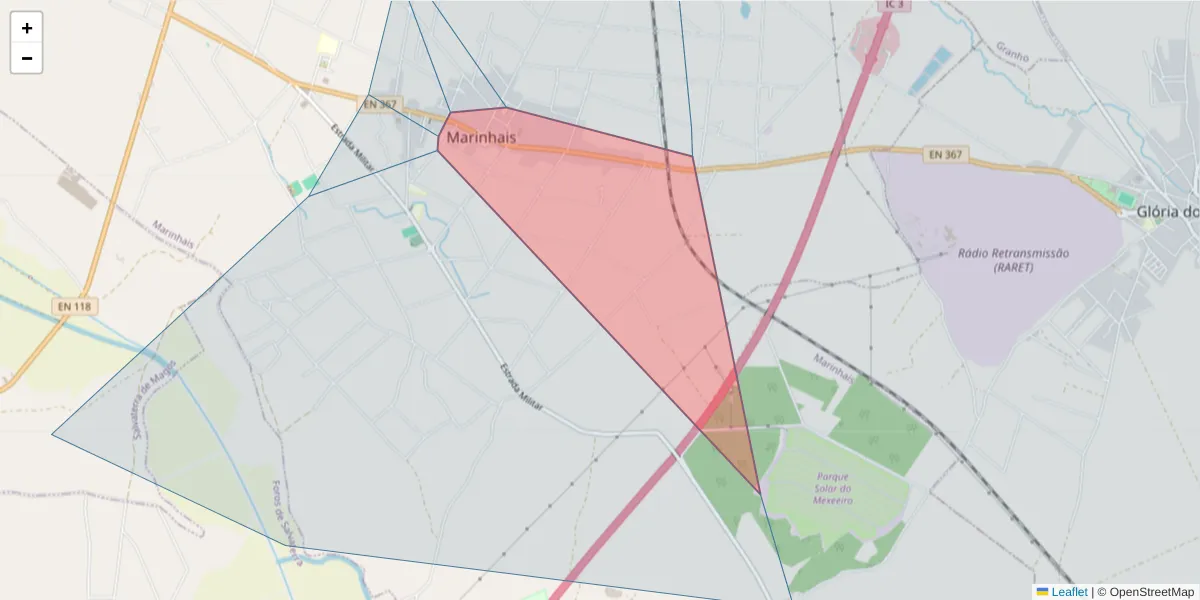 Mapa detalhado do código postal 2125-122 com limites, códigos postais vizinhos e agências dos correios