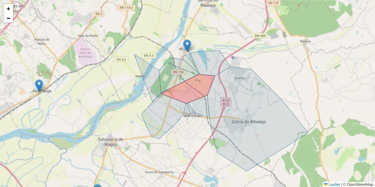 Mapa detalhado do código postal 2125-154 com limites, códigos postais vizinhos e agências dos correios