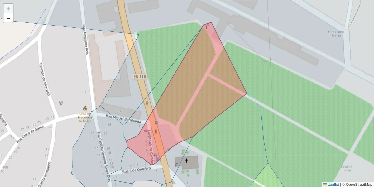 Mapa detalhado do código postal 2125-320 com limites, códigos postais vizinhos e agências dos correios