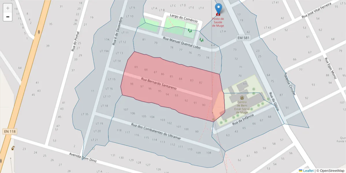 Mapa detalhado do código postal 2125-335 com limites, códigos postais vizinhos e agências dos correios