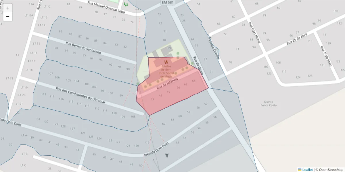 Mapa detalhado do código postal 2125-340 com limites, códigos postais vizinhos e agências dos correios