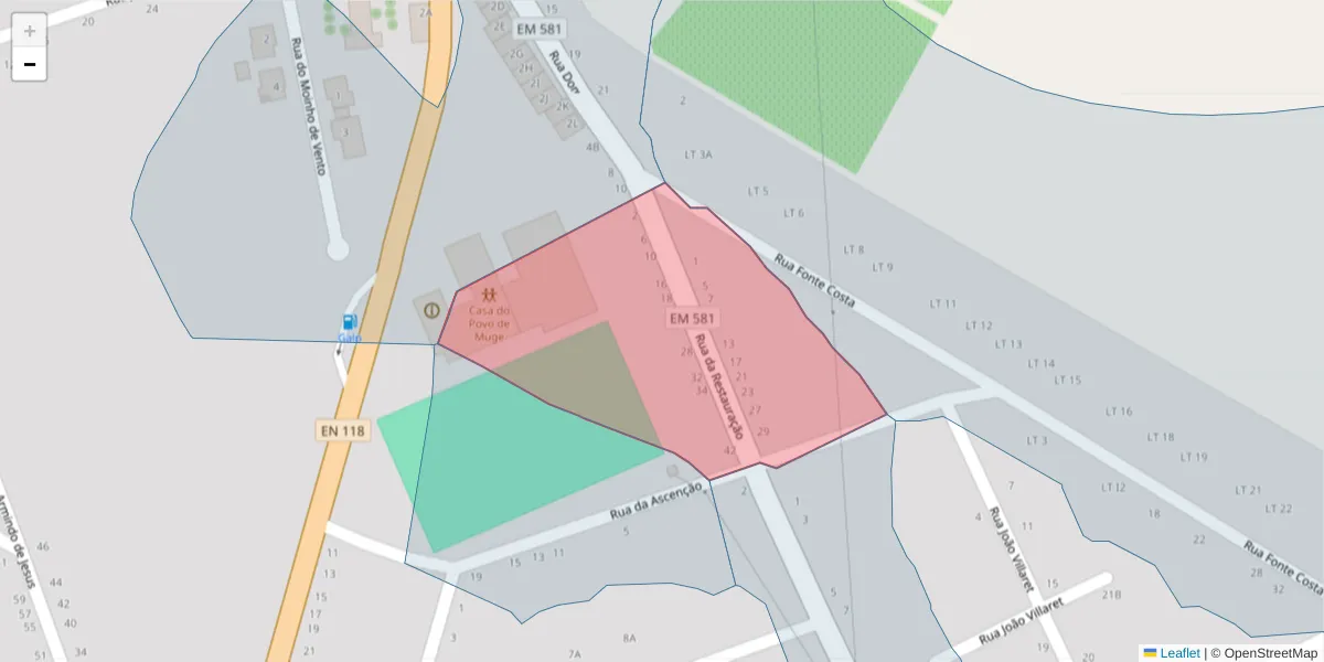 Mapa detalhado do código postal 2125-341 com limites, códigos postais vizinhos e agências dos correios