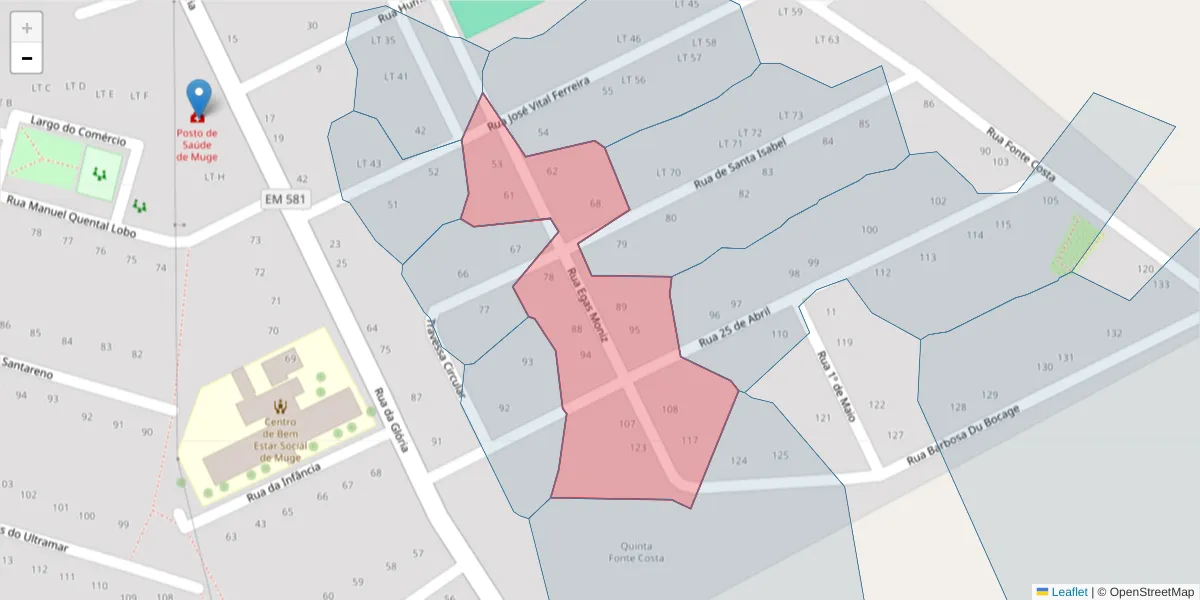 Mapa detalhado do código postal 2125-349 com limites, códigos postais vizinhos e agências dos correios