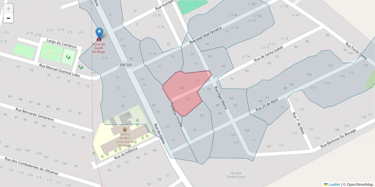 Mapa detalhado do código postal 2125-362 com limites, códigos postais vizinhos e agências dos correios