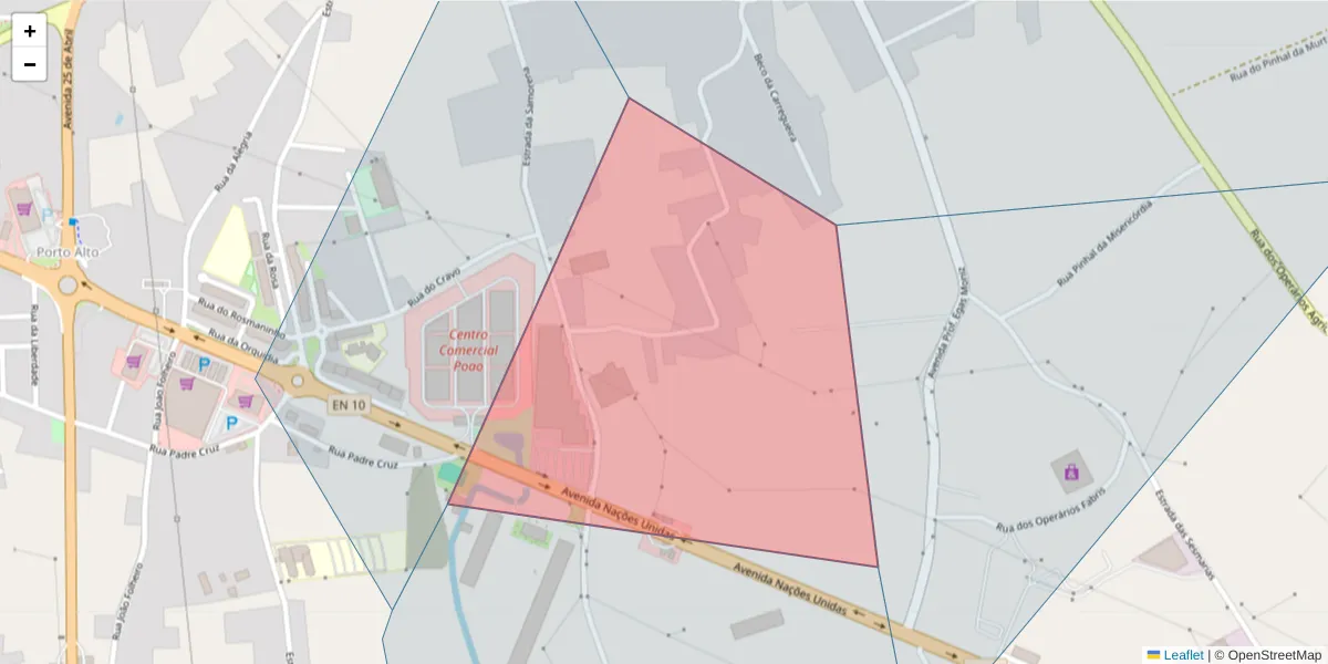 Mapa detalhado do código postal 2135-000 com limites, códigos postais vizinhos e agências dos correios