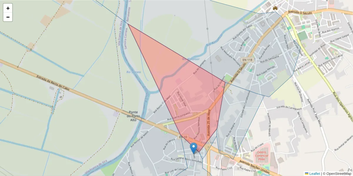 Mapa detalhado do código postal 2135-121 com limites, códigos postais vizinhos e agências dos correios