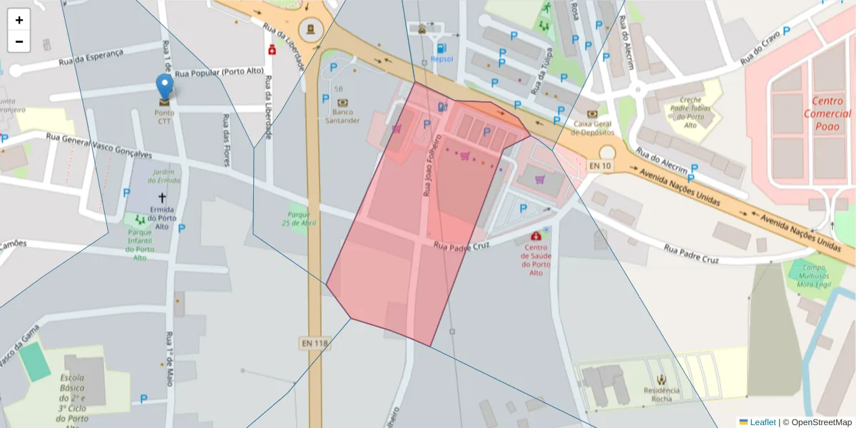 Mapa detalhado do código postal 2135-133 com limites, códigos postais vizinhos e agências dos correios