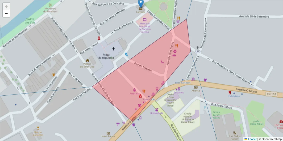 Mapa detalhado do código postal 2135-268 com limites, códigos postais vizinhos e agências dos correios