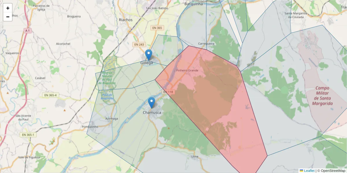 Mapa detalhado do código postal 2140-000 com limites, códigos postais vizinhos e agências dos correios