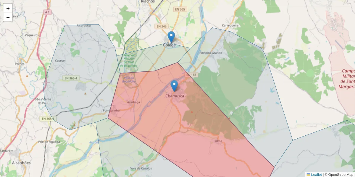 Mapa detalhado do código postal 2140-098 com limites, códigos postais vizinhos e agências dos correios