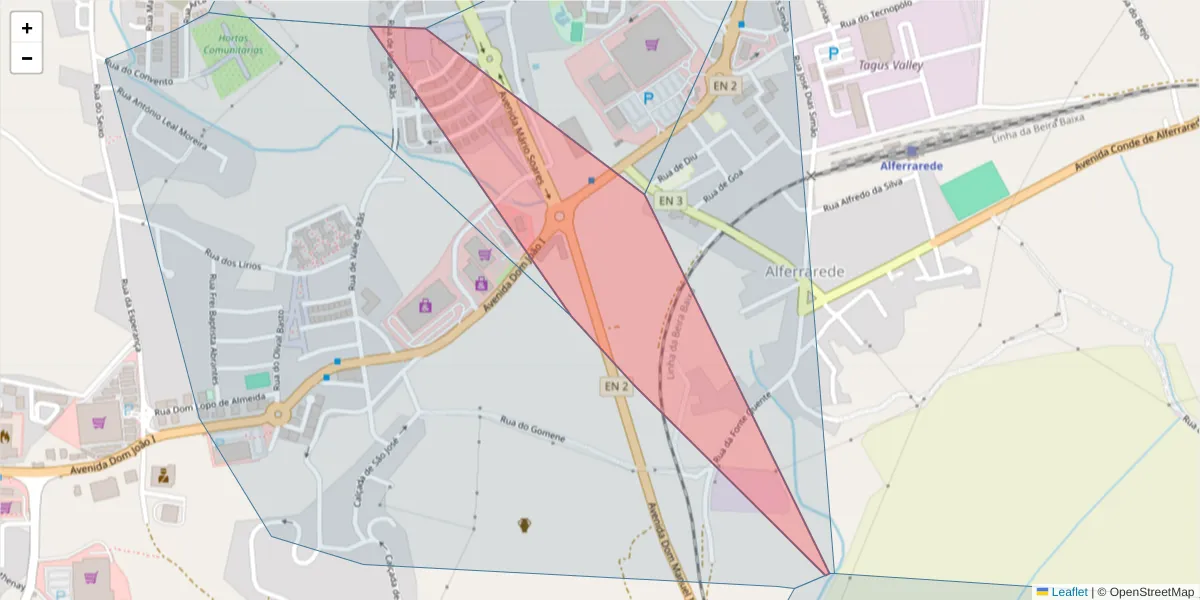 Mapa detalhado do código postal 2200-021 com limites, códigos postais vizinhos e agências dos correios