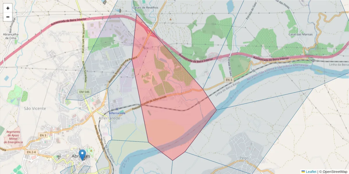 Mapa detalhado do código postal 2200-037 com limites, códigos postais vizinhos e agências dos correios