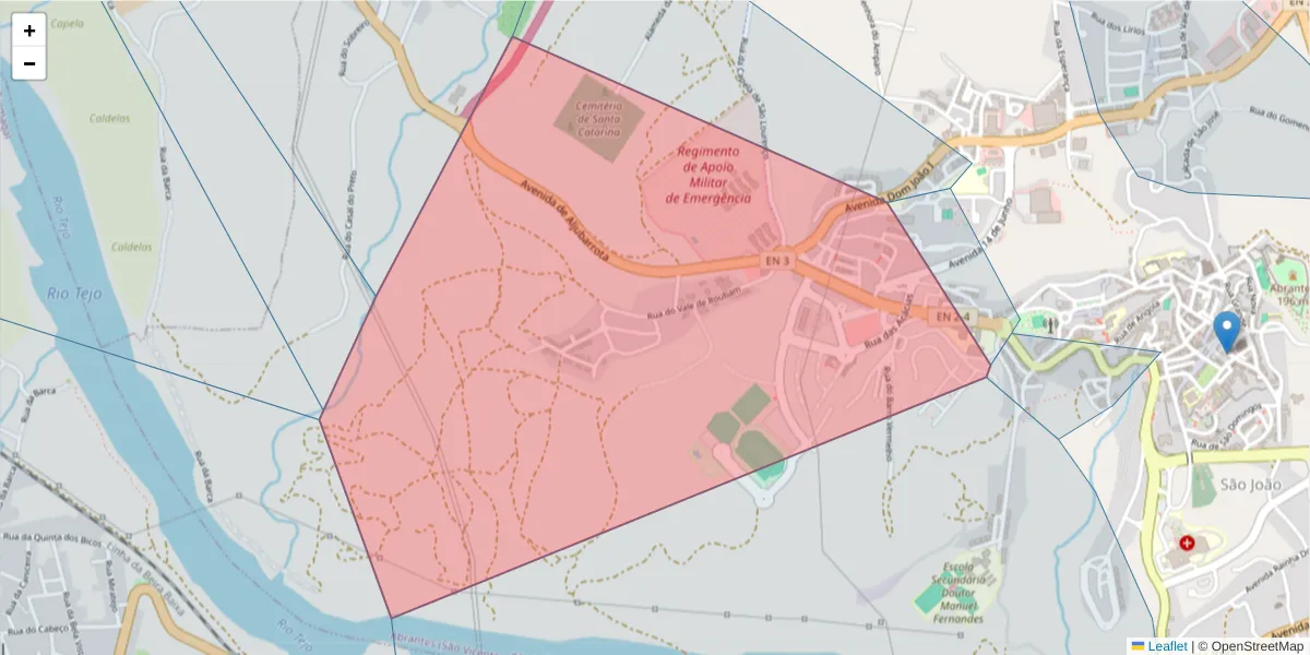 Mapa detalhado do código postal 2200-086 com limites, códigos postais vizinhos e agências dos correios